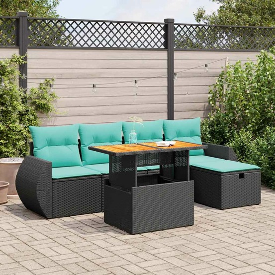 Salon de jardin avec coussins 6pcs marron résine tressée acacia