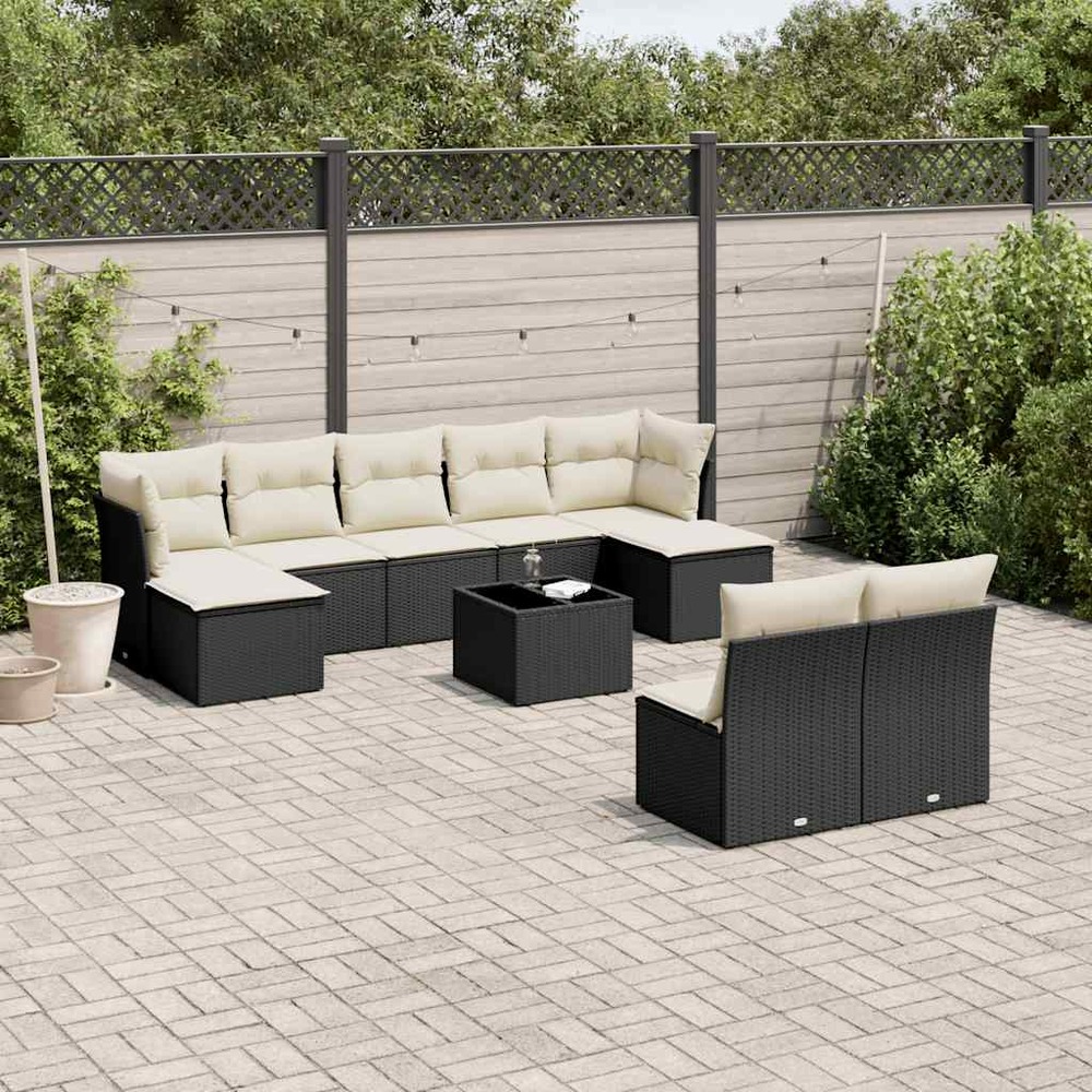 Salon de jardin 10 pcs avec coussins noir résine tressée