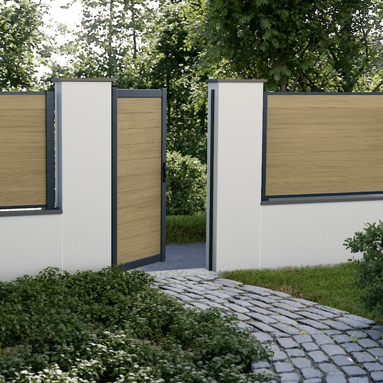 Kit portillon composite cruz cèdre - hauteur : 183cm - largeur max : 120 cm - largeur ajustable - compatible clôture cruz