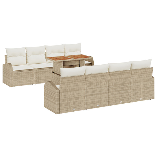 Ensemble salle à manger jardin 9 pièces coussins beige poly rotin acacia