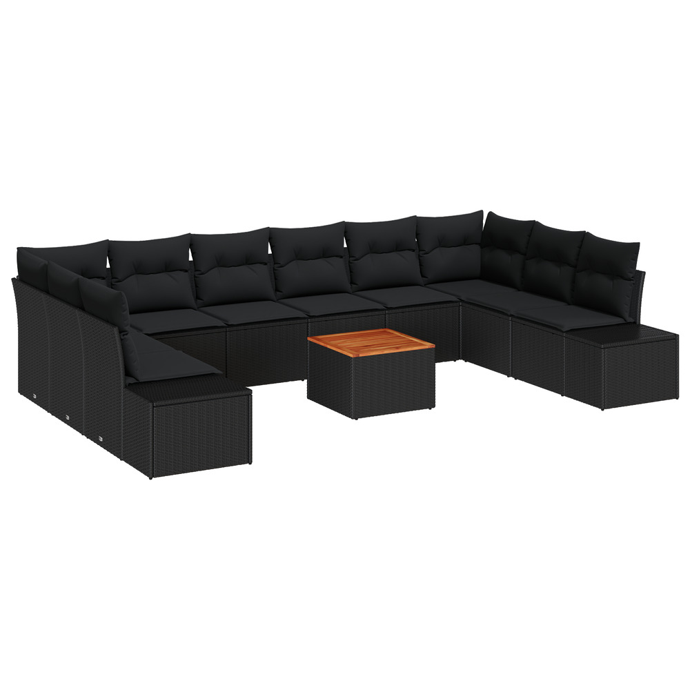 Ensemble de canapé de jardin 11 pièces avec coussins noir poly rotin acacia