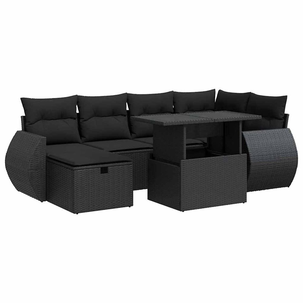 Salon de jardin 7 pcs avec coussins noir résine tressée