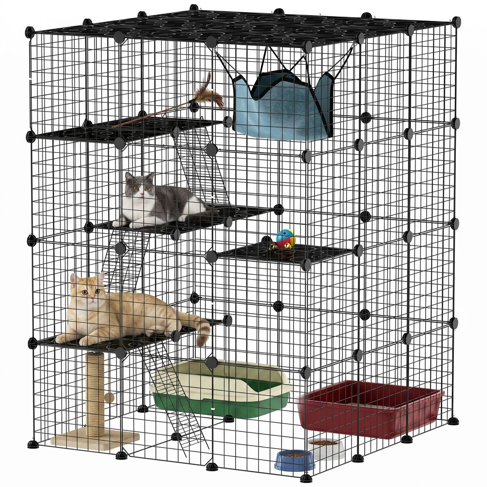 Cage chat intérieur - parc chat diy - 4 niv. 5 portes hamac plateformes rampes - acier noir