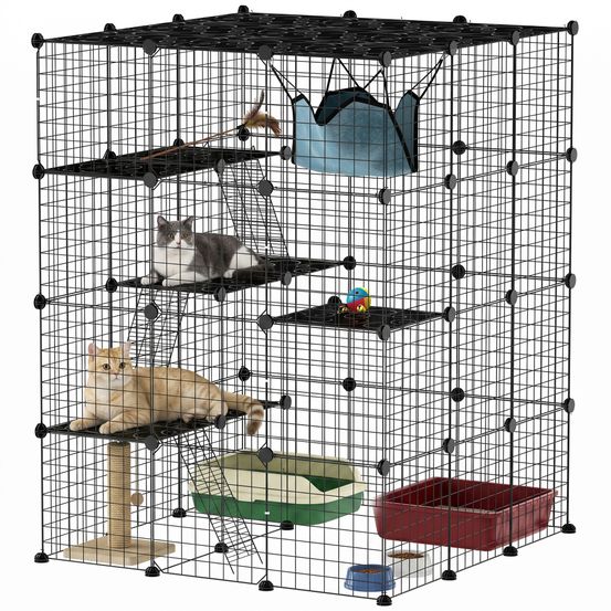 Cage chat intérieur - parc chat diy - 4 niv. 5 portes hamac plateformes rampes - acier noir