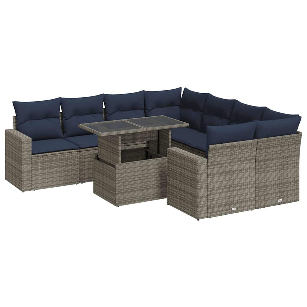 Salon de jardin avec coussins 9 pcs gris résine tressée acacia