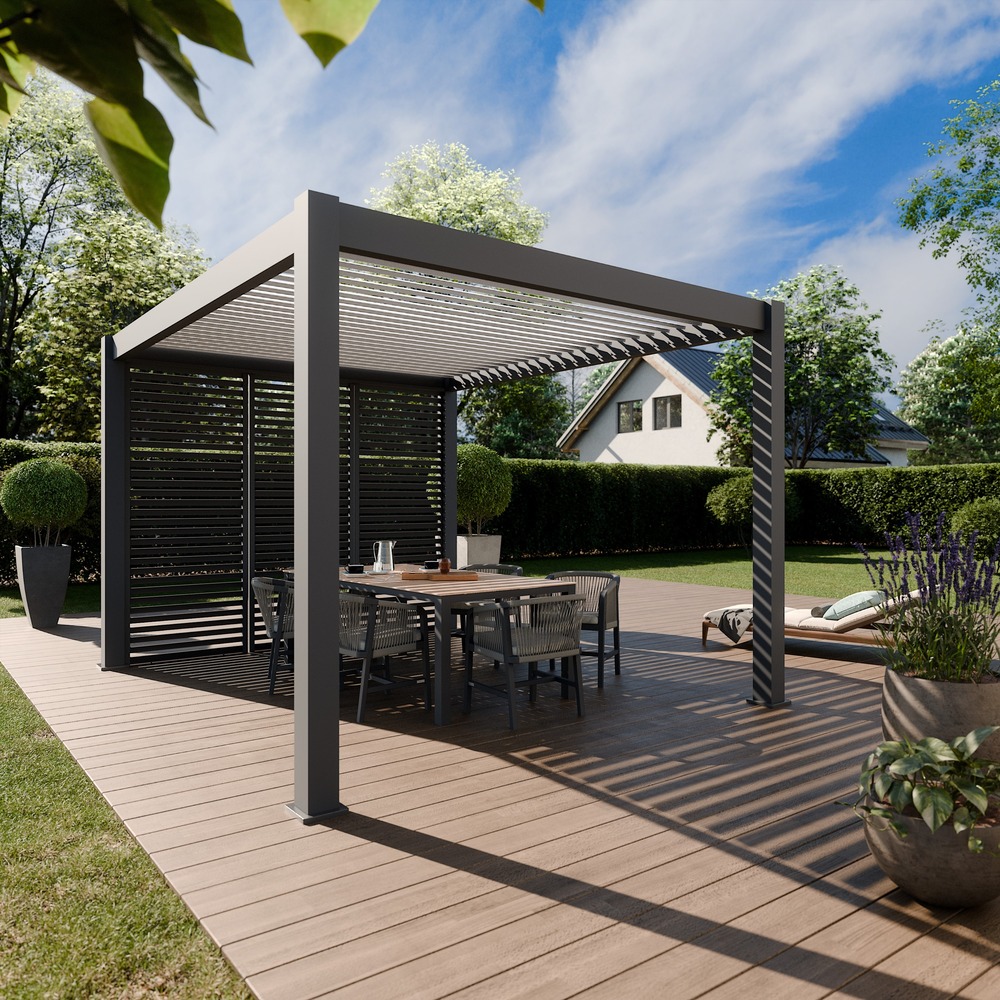 Pergola bioclimatique autoportée 12m² - 3x4m trois panneaux vénitiens - anthracite - lames inclinables à 120 degrés - eclipse