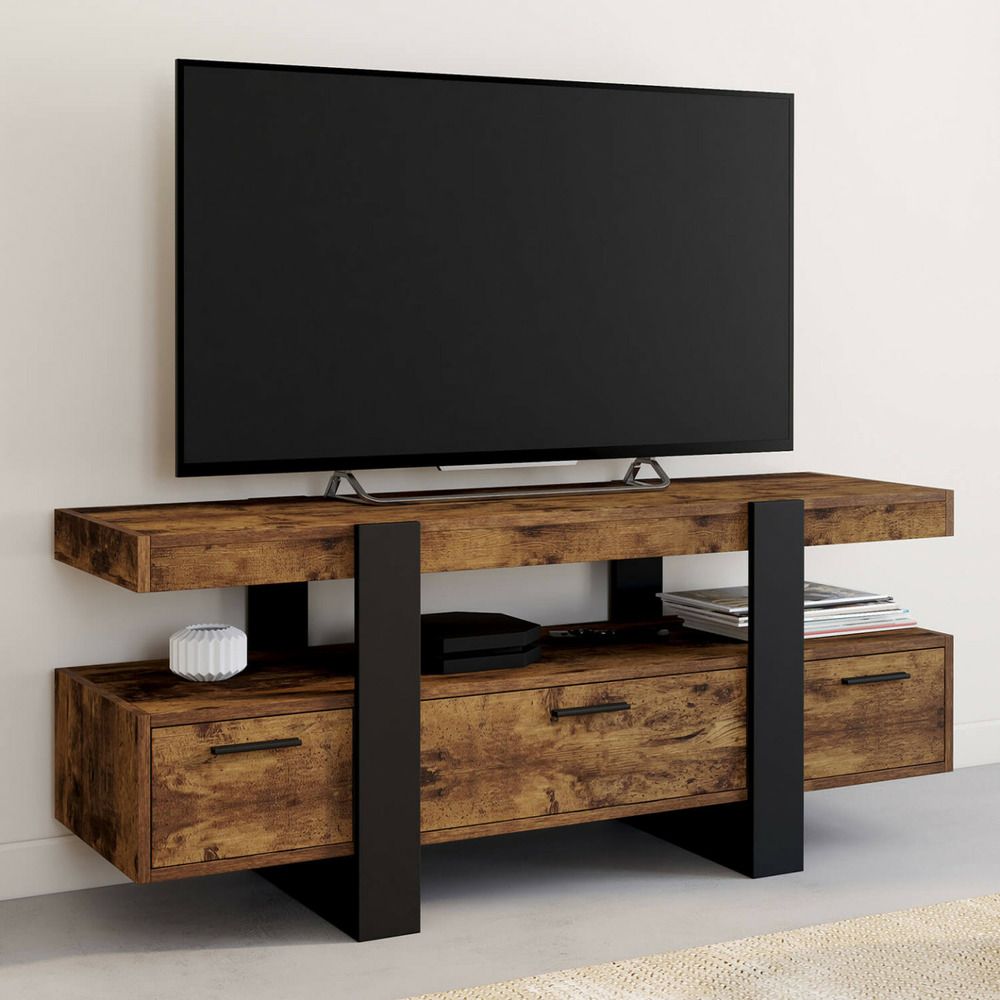 Meuble tv 116 cm phoenix avec tiroirs bois effet vieilli et noir