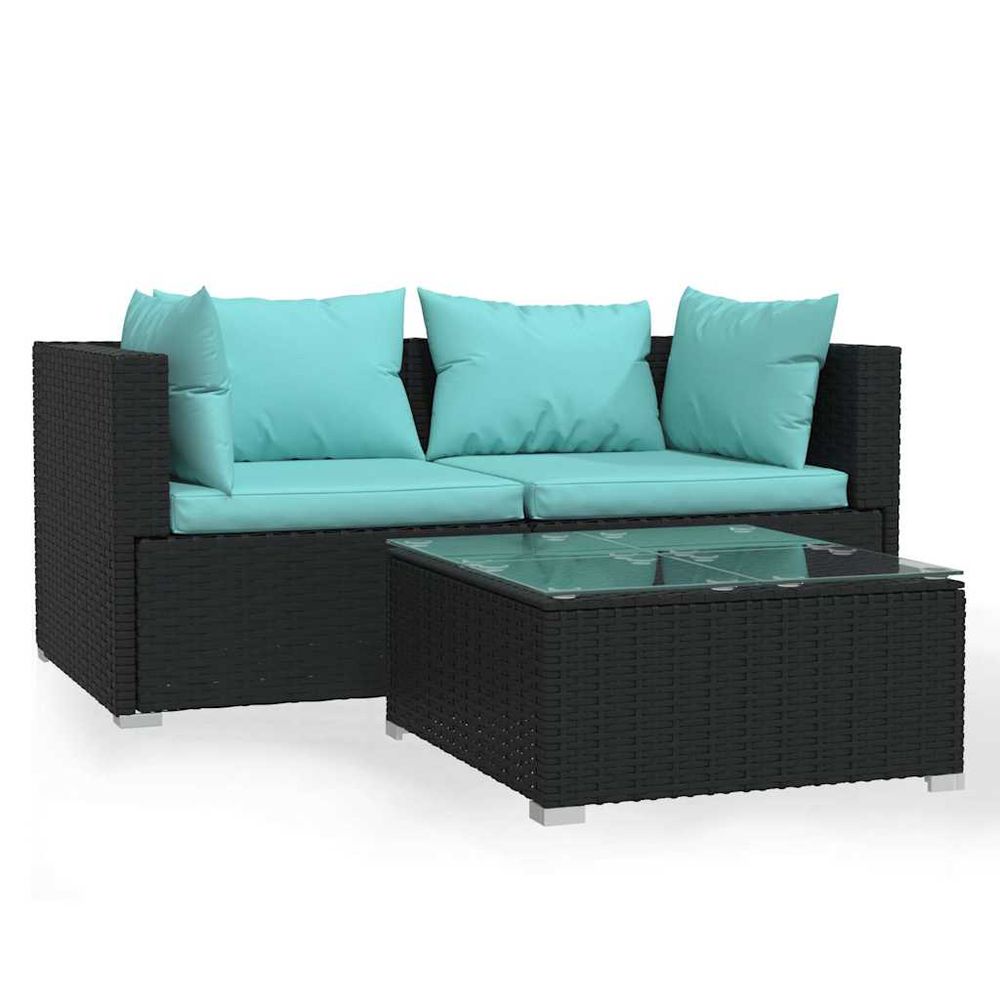 Salon de jardin 3 pcs avec coussins noir résine tressée