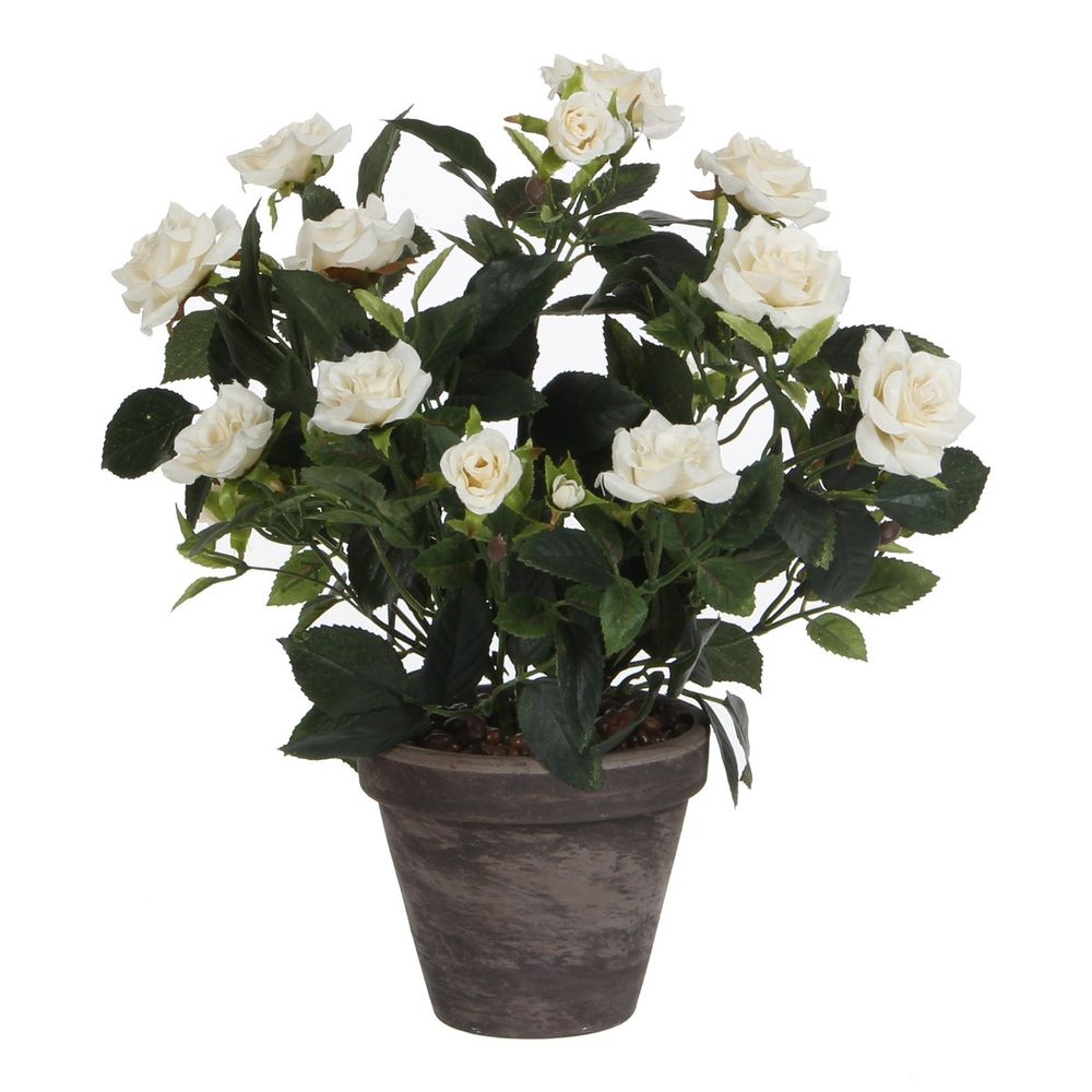 Mica decorations plante artificielle rosier en pot ciment - h33 x ø25 cm - blanc