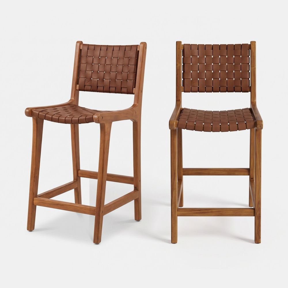 Kuna-lot de 2 chaises pour îlot central 66,5 cm en teck, cuir tressé marron