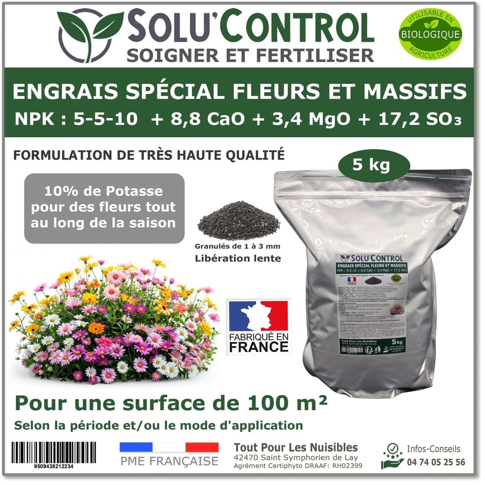 5 kg - engrais spécial fleurs et massifs npk 5-5-10 - favorise une floraison abondante, éclatante et durable - uab