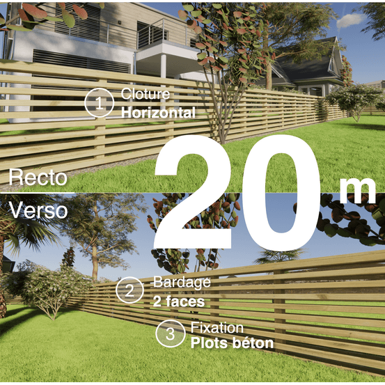 Kit clôture bois moderne 20m – h 0,9m – 45 x 45 mm autoclave – pose horizontal – double face – à sceller