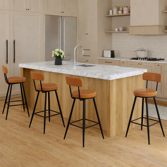 Lot de 4 tabourets de bar isaure pu marron avec coutures et pieds métal noir