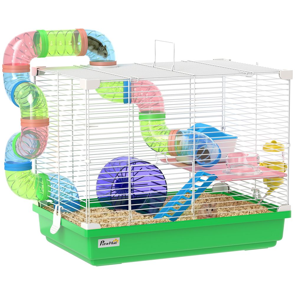 Cage rongeurs métal 2 niveaux tunnel équipements complets transport 46x30x37cm vert
