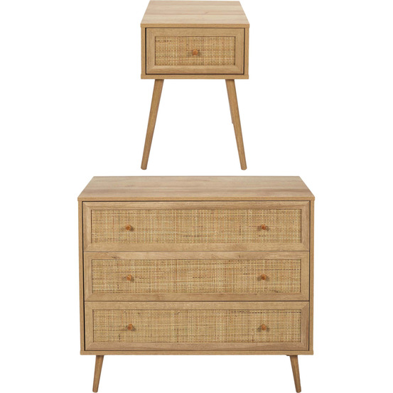 Set commode en bois 3 tiroirs et chevet 1 tiroir bali