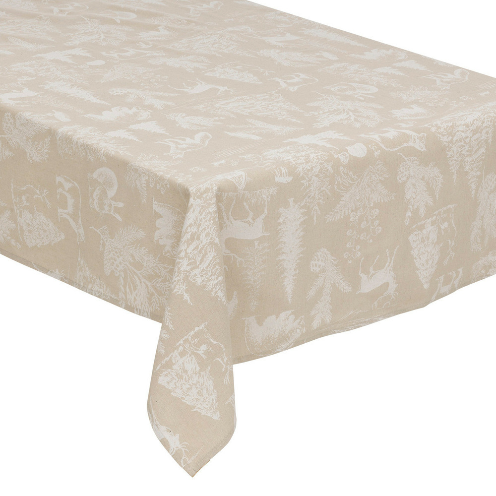 Nappe en polycoton beige aspect jute imprimé animaux blanc 140 x 360 cm