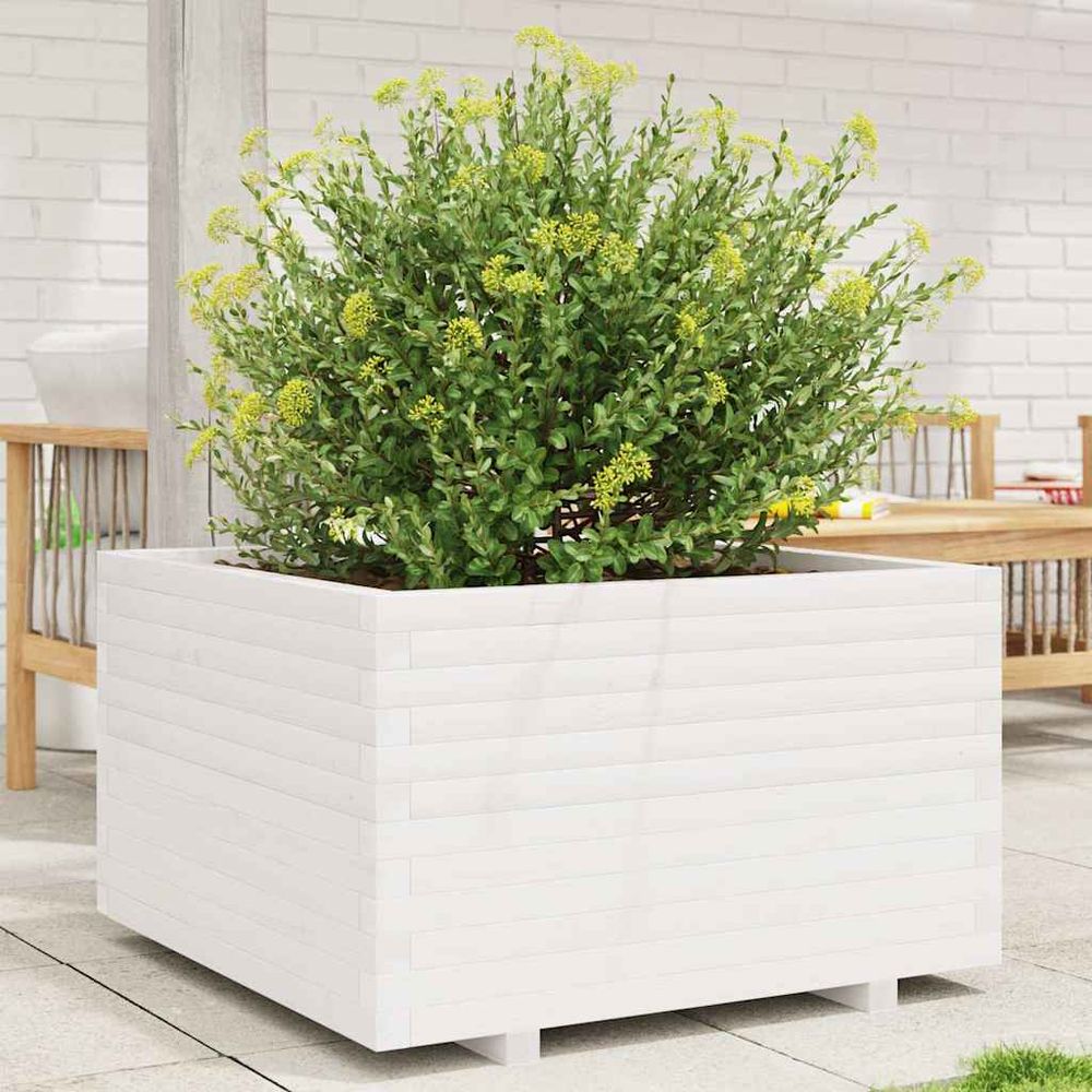 Grand bac à fleurs carré bois de pin massif pour jardin terrasse blanc 80cm
