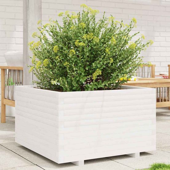 Grand bac à fleurs carré bois de pin massif pour jardin terrasse blanc 80cm
