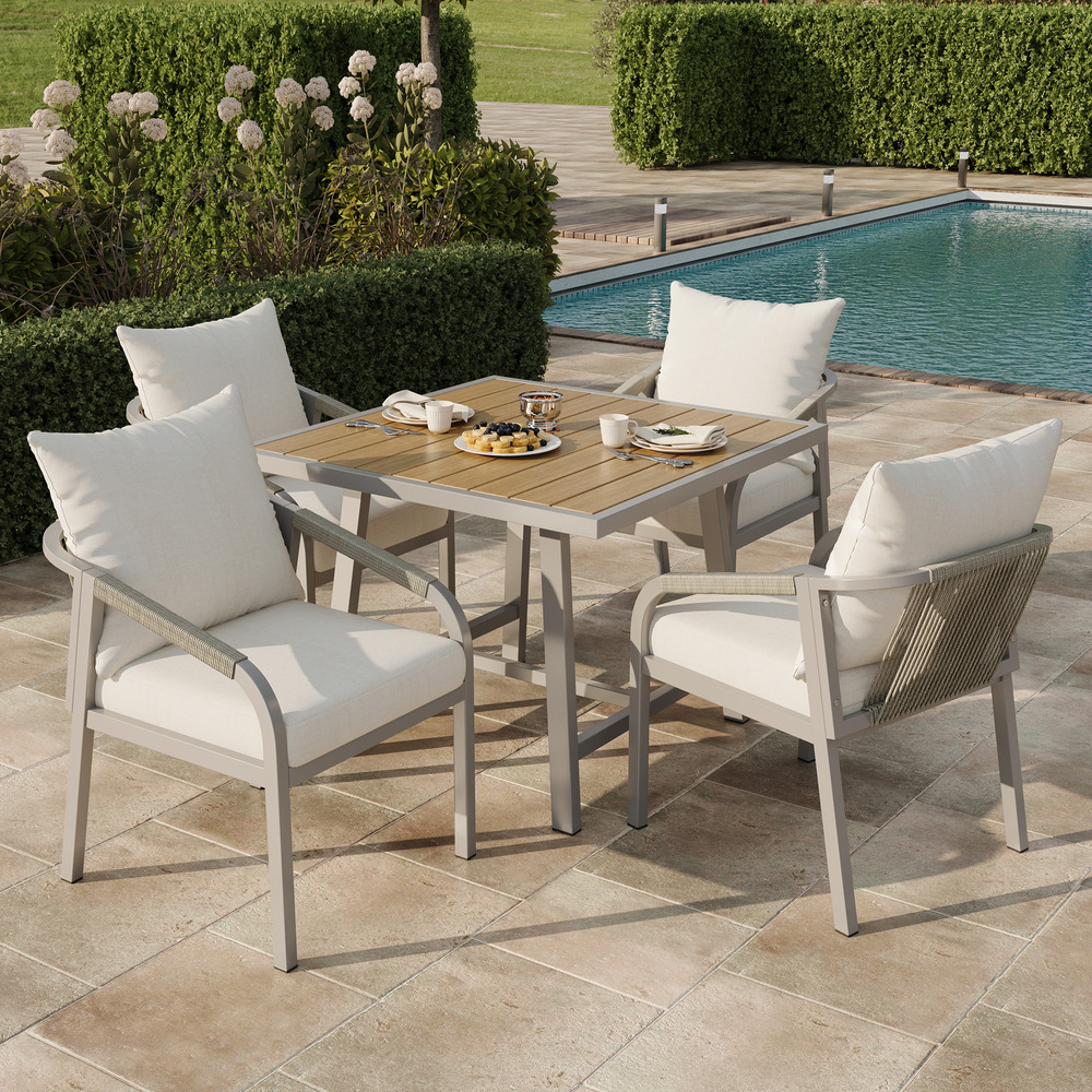 Ensemble jardin 4 pers: 1 table +4 chaises, acier galvanisé, bois-plastique, motif corde kaki/beige