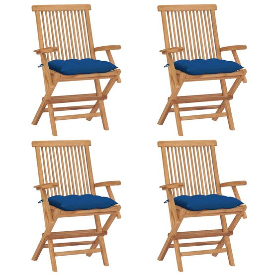 Chaises pliantes avec coussins bleus, 4 pièces, en bois de teck massif