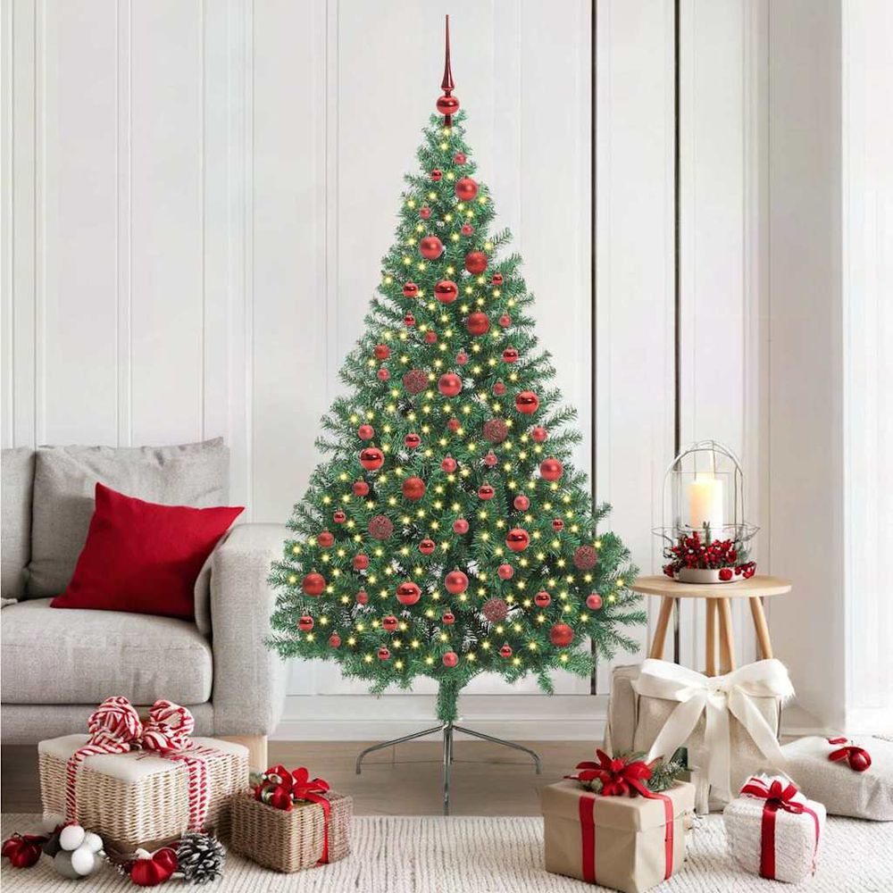 Sapin de fête lumineux 180 cm, 465 branches avec boules rouges et cime incluses