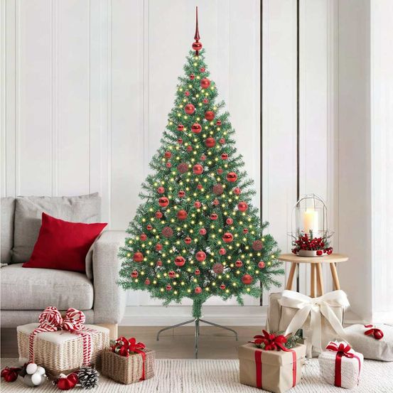 Sapin de fête lumineux 180 cm, 465 branches avec boules rouges et cime incluses