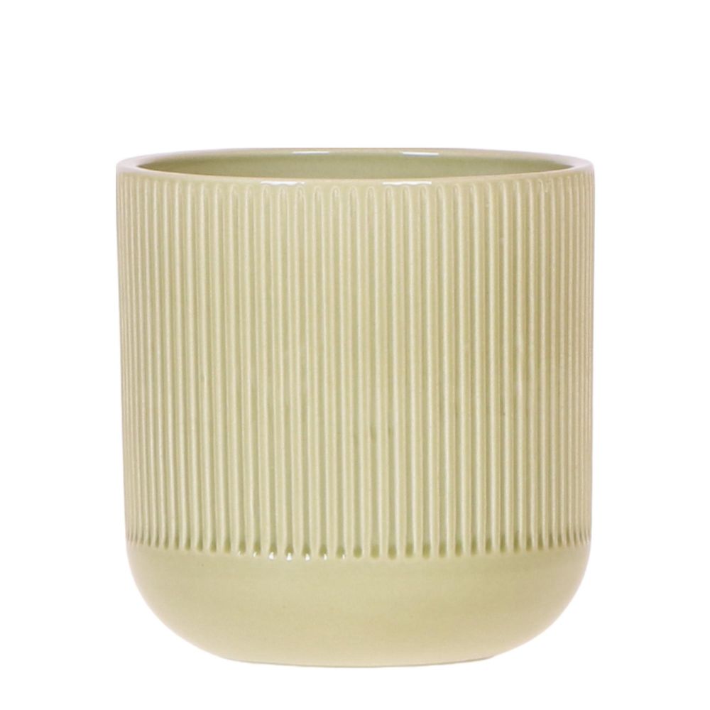 Cache-pot céramique nervuré - relief graphique contemporain - pot de 9cm - vert