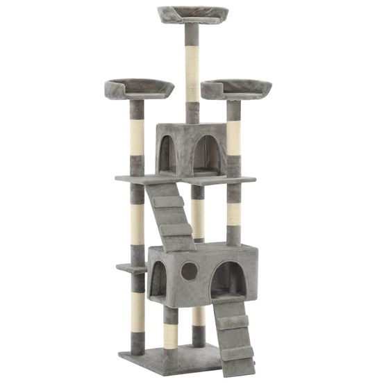 Grand arbre à chat 170 cm en sisal avec 2 niches pour plusieurs chats gris