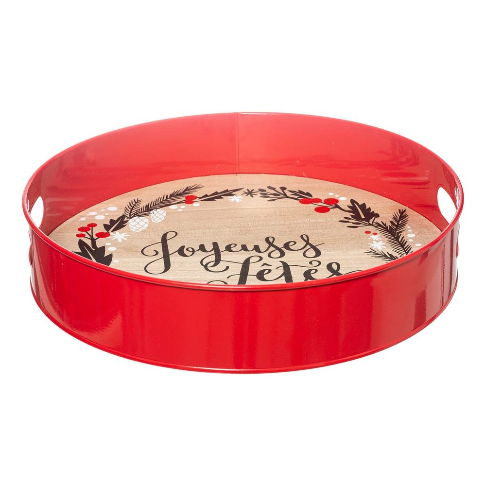 Plateau de présentation rond bois métal 35 cm