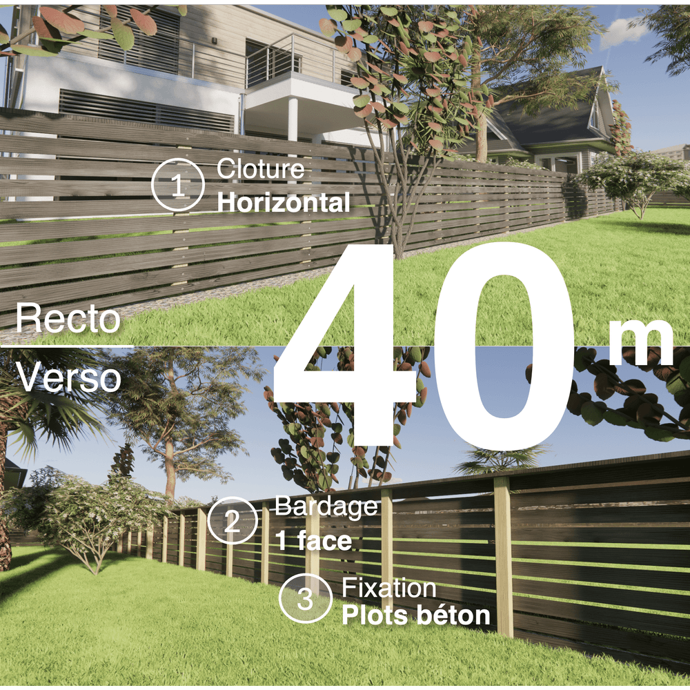Kit clôture bois moderne 40m – h 0,9m – 20 x 70 mm noir par trempage – pose horizontal – simple face – à sceller