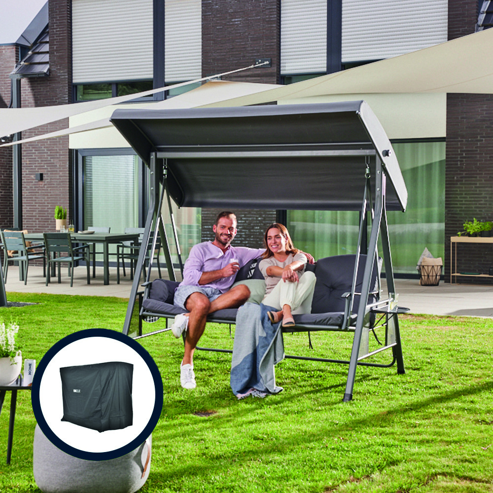 Home deluxe - balancelle descanso grise avec housse - 3 places, l/h/l 115 cm x 195 cm x 198 cm, avec porte-boissons, coussins