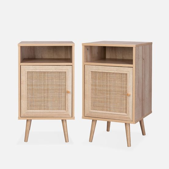 Lot de 2 tables de chevet en cannage - bohème - 40x39x70cm - 2 niveaux - 1 portes - 1 espace de rangement - pieds scandinaves