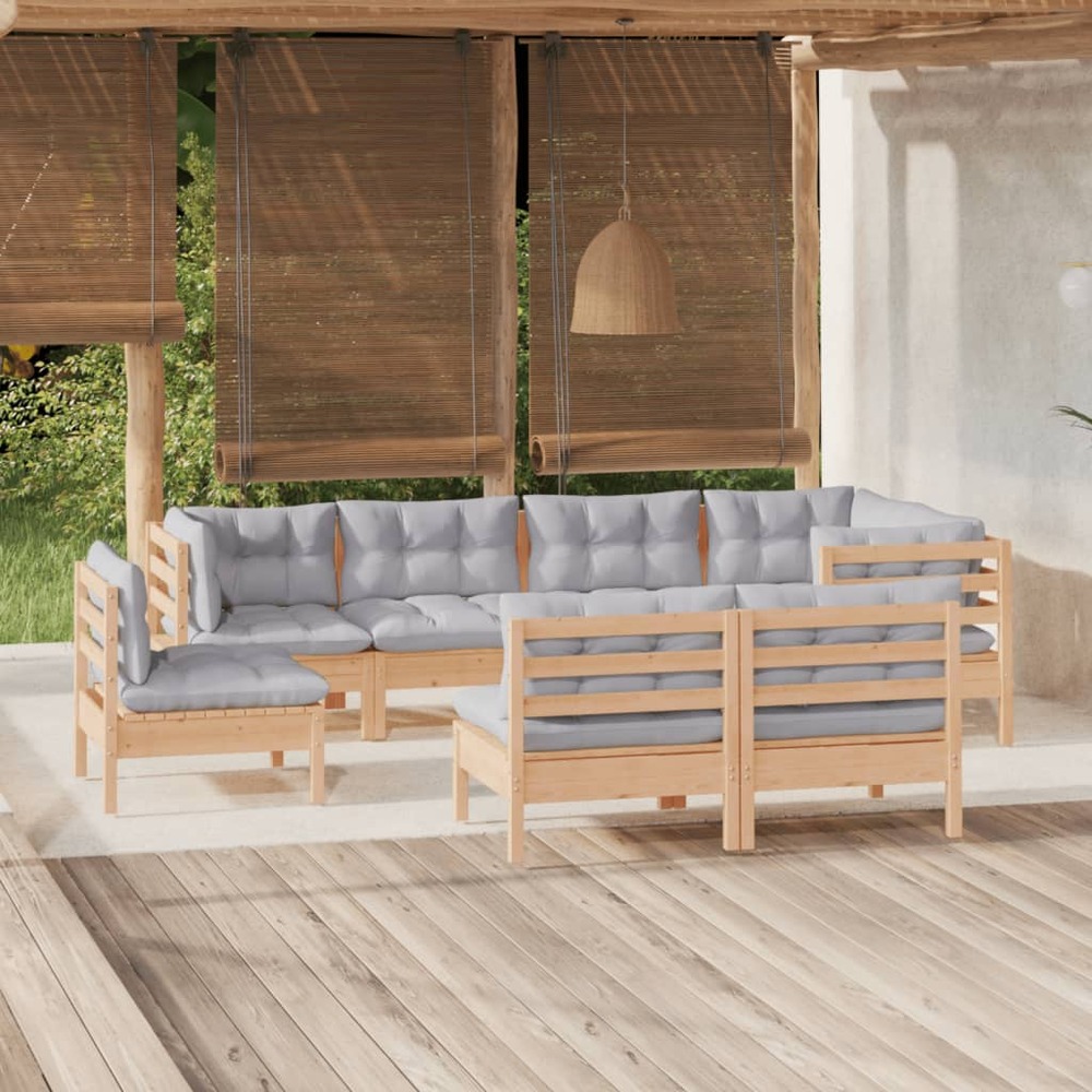 Salon de jardin 8 pcs avec coussins gris bois de pin massif