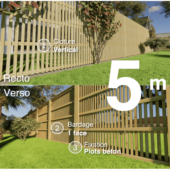 Kit clôture bois moderne 5m – h 2,3m – 45 x 45 mm autoclave – pose vertical – simple face – à sceller
