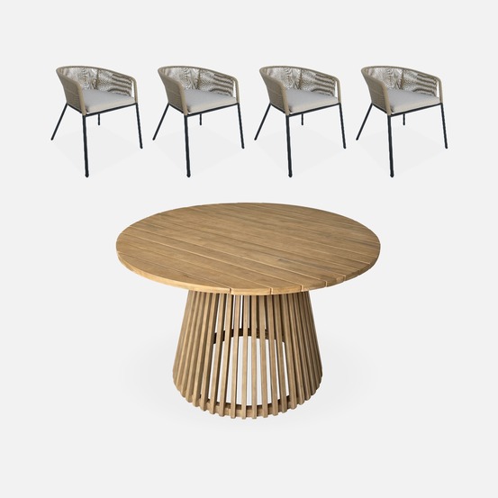 Table à manger bois d'acacia ronde, intérieur / extérieur + 4 fauteuils en corde et acier