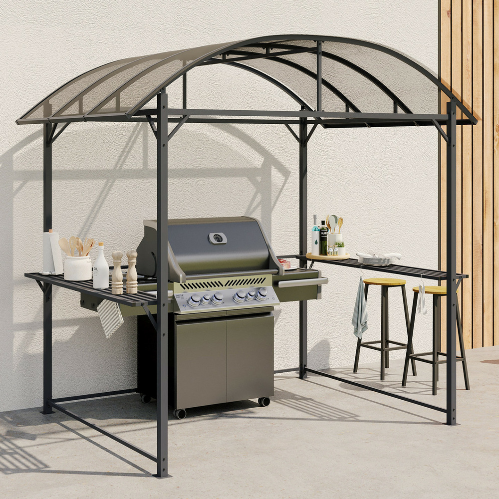 Abri pour barbecue 240 x 150 x 220 cm avec étagères, en métal gris et toit en polycarbonate