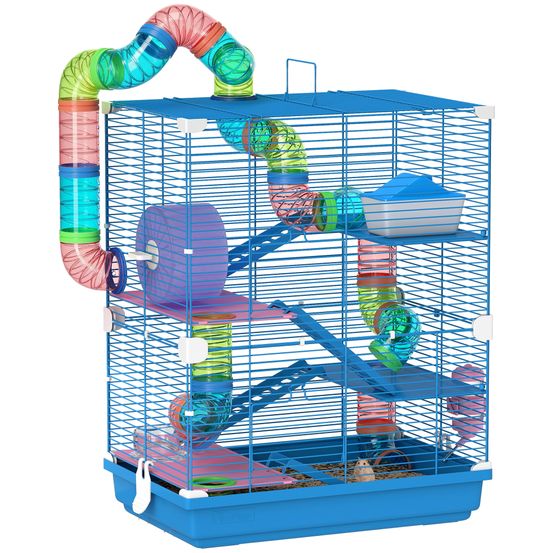 Cage hamster métal petits rongeurs 5 niveaux accessoires inclus 46x30x58cm bleu