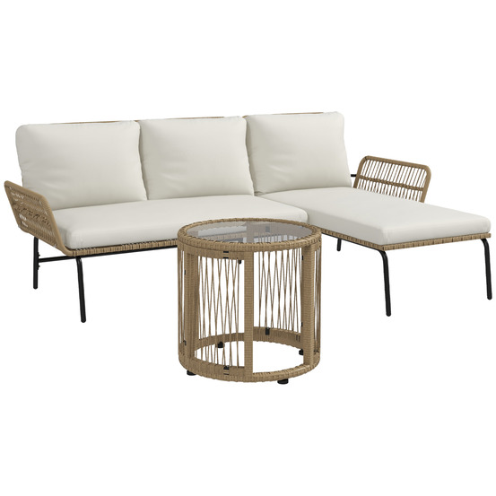 Mobilier jardin rotin: chaise longue + table basse + canapé 2 pers + coussins crème, terrasse/balcon