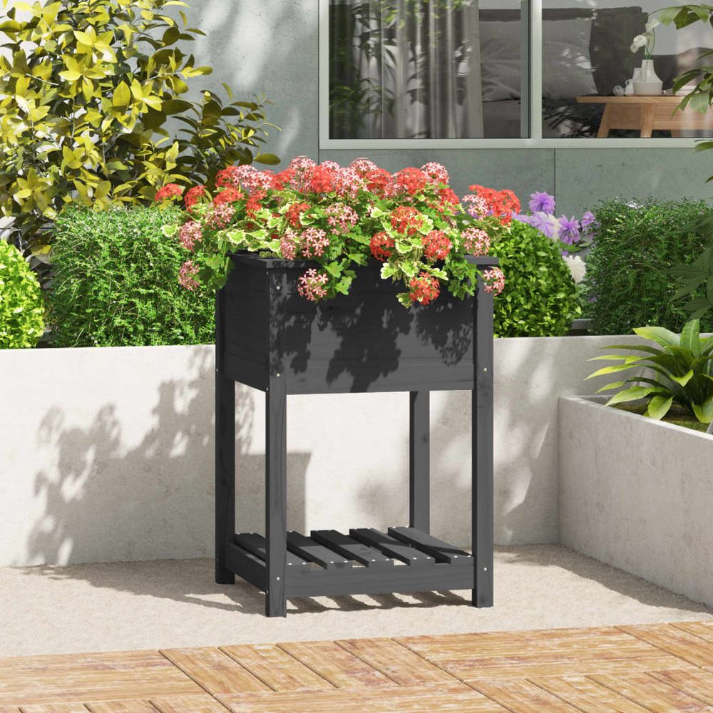 Jardinière carrée sur pieds bois avec étagère pour balcon gris 54cm