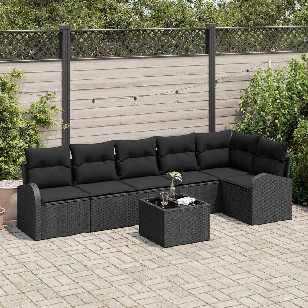 Ensemble de canapé de jardin avec coussin 7 pcs noir poly rotin