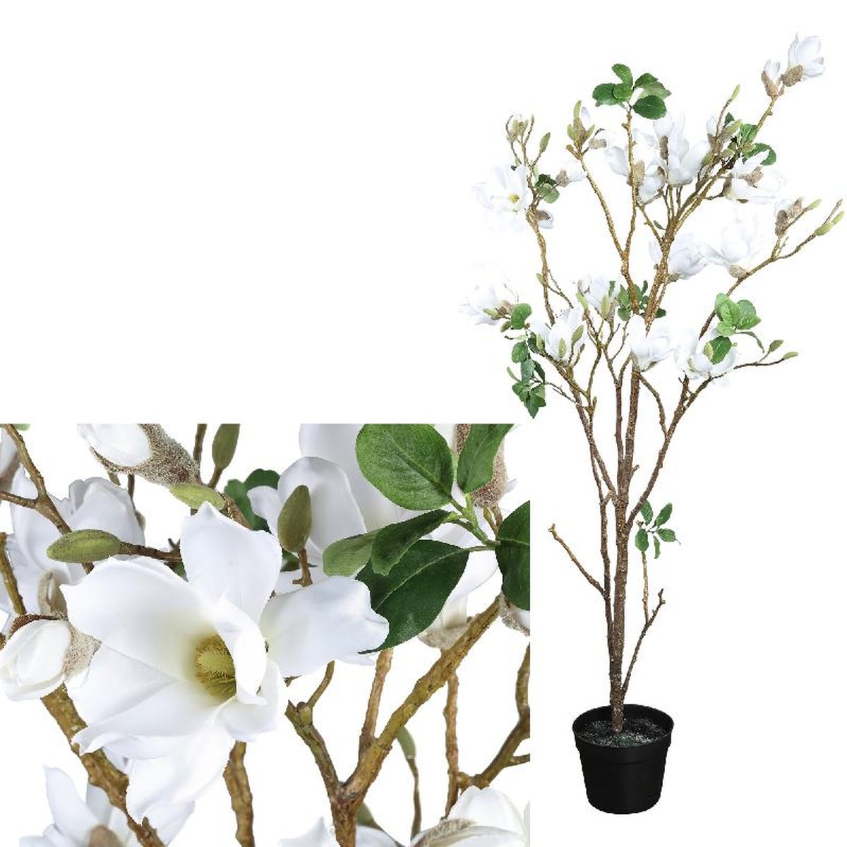 Ptmd magnolia boom plante d'art - h173 x ø48 cm - pot en plastique - blanc