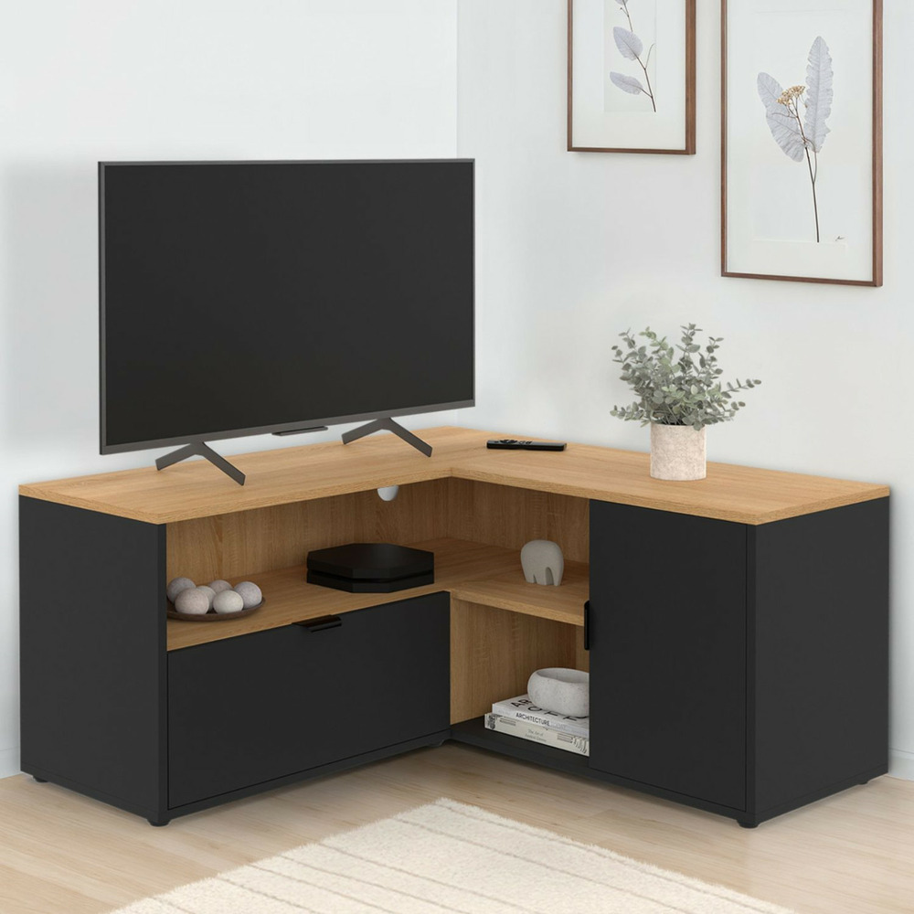Meuble tv 90 x 90 cm d'angle baltazar façon hêtre et noir