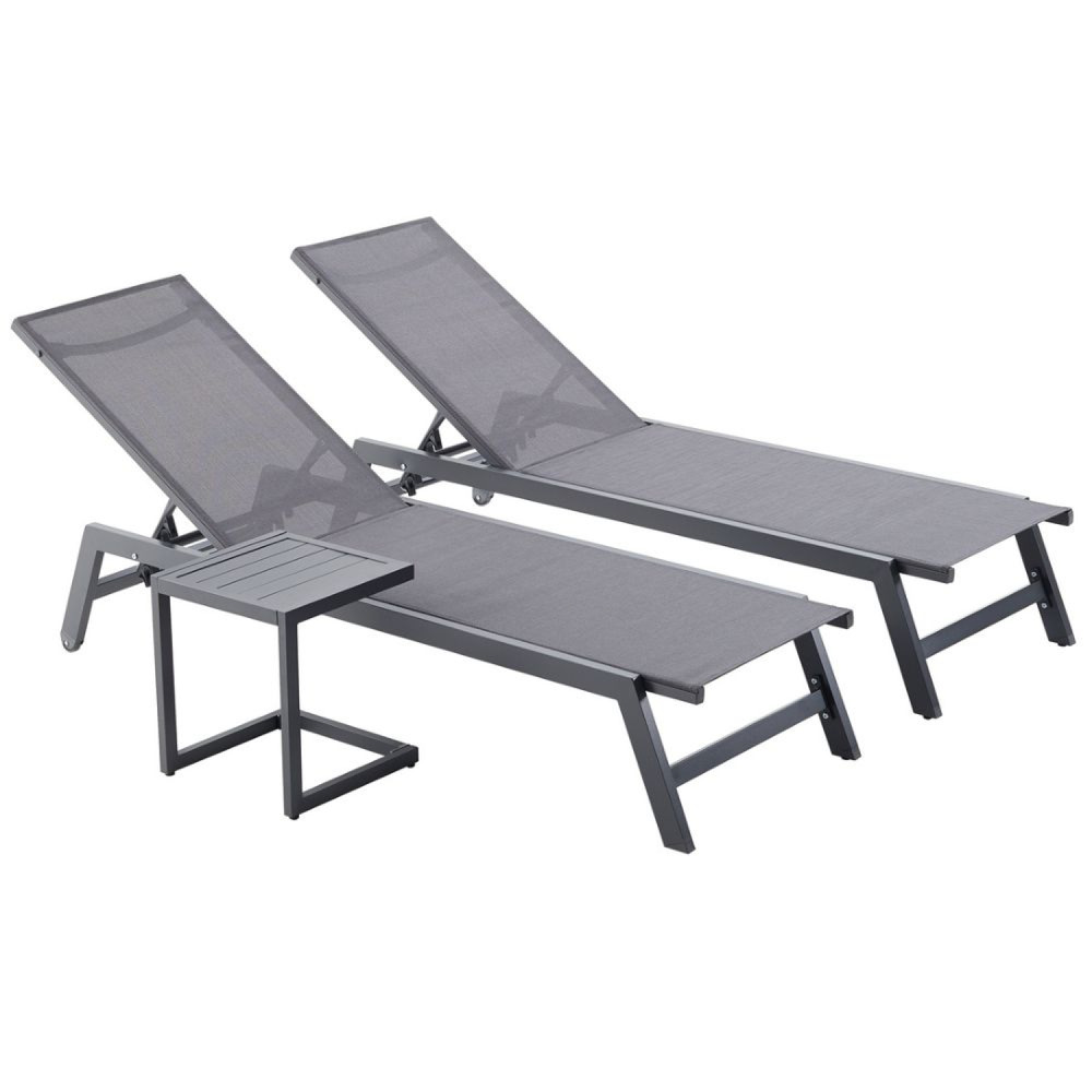 Lot de 2 transats et une table d'appoint gris et noir prato