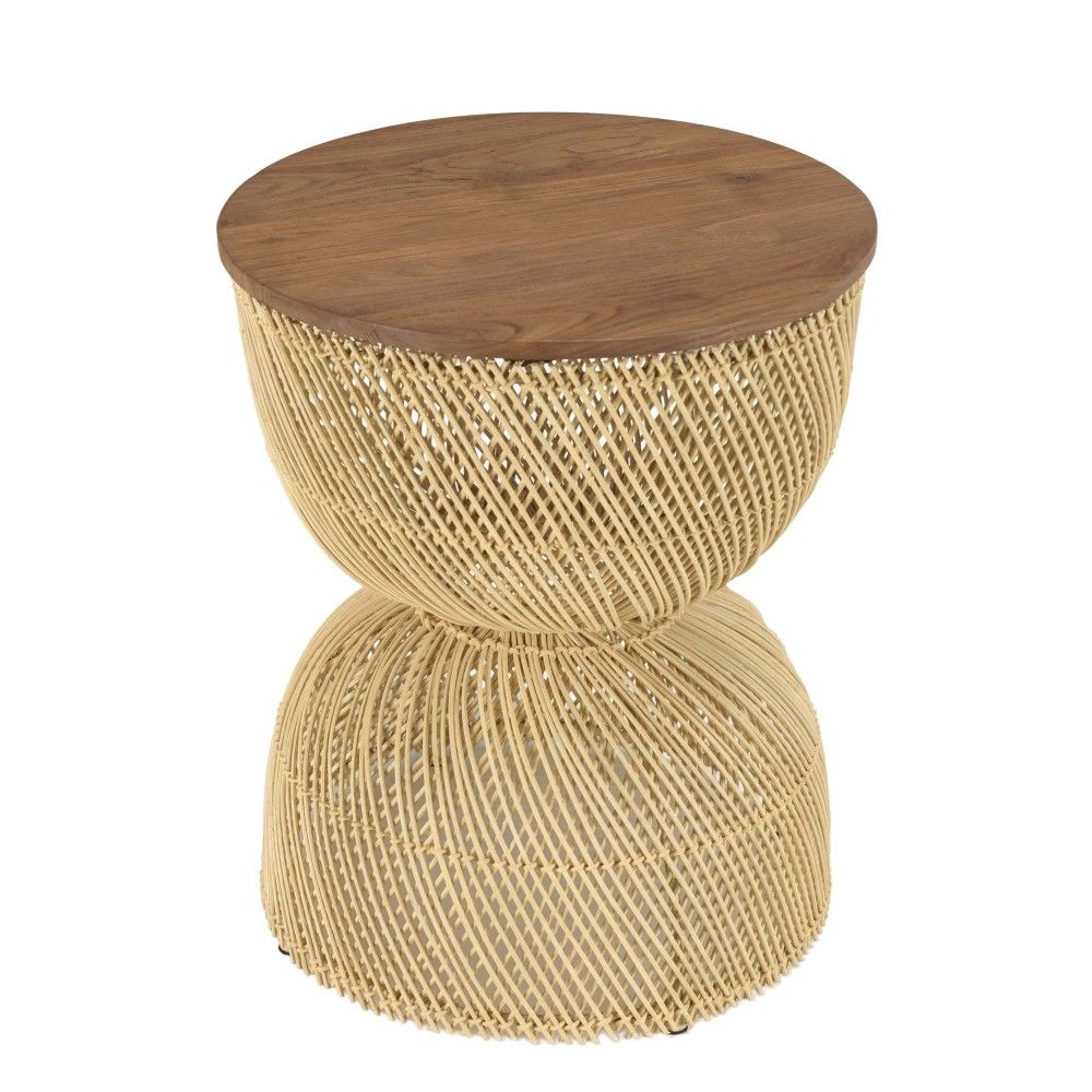 Table d'appoint en rotin beige plateau en bois teck recyclé