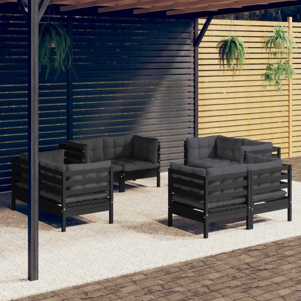 Salon de jardin 8 pcs avec coussins anthracite bois de pin