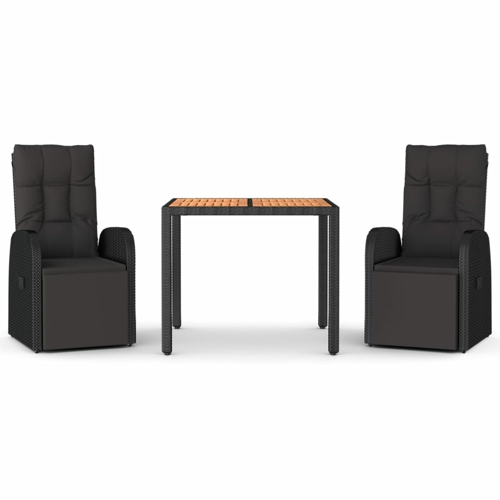 Ensemble à dîner salon de jardin meuble d'extérieur 3 pièces noir poly rotin et acacia