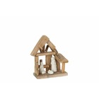 Crèche de noël dans maison en bois et personnages en bois naturel 17x10x19 cm