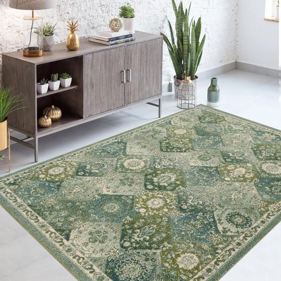Tapis orient 200x290 rectangle vert et blanc tissé motif traditionnel olna