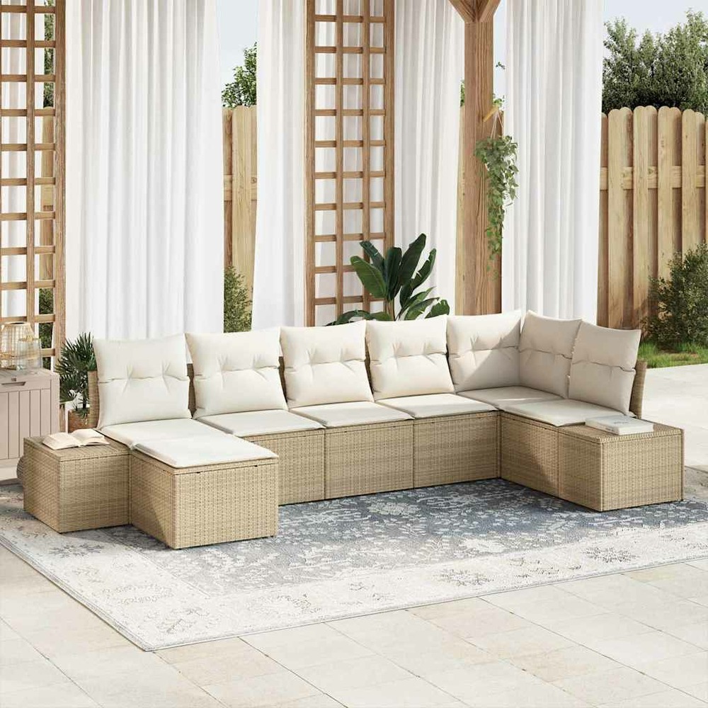 Ensemble de canapé de jardin avec coussin 7 pcs beige polyrotin