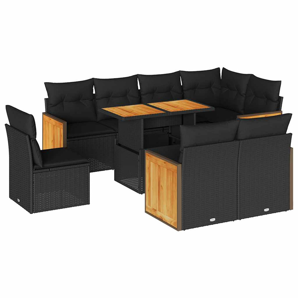 Salon de jardin avec coussins 9 pcs noir résine tressée acacia